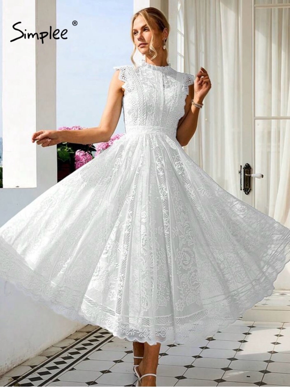 Simple White Lace A-Line Midi Dress